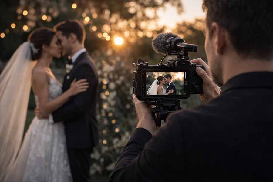 Film de mariage haut de gamme : plan cinématographique en extérieur